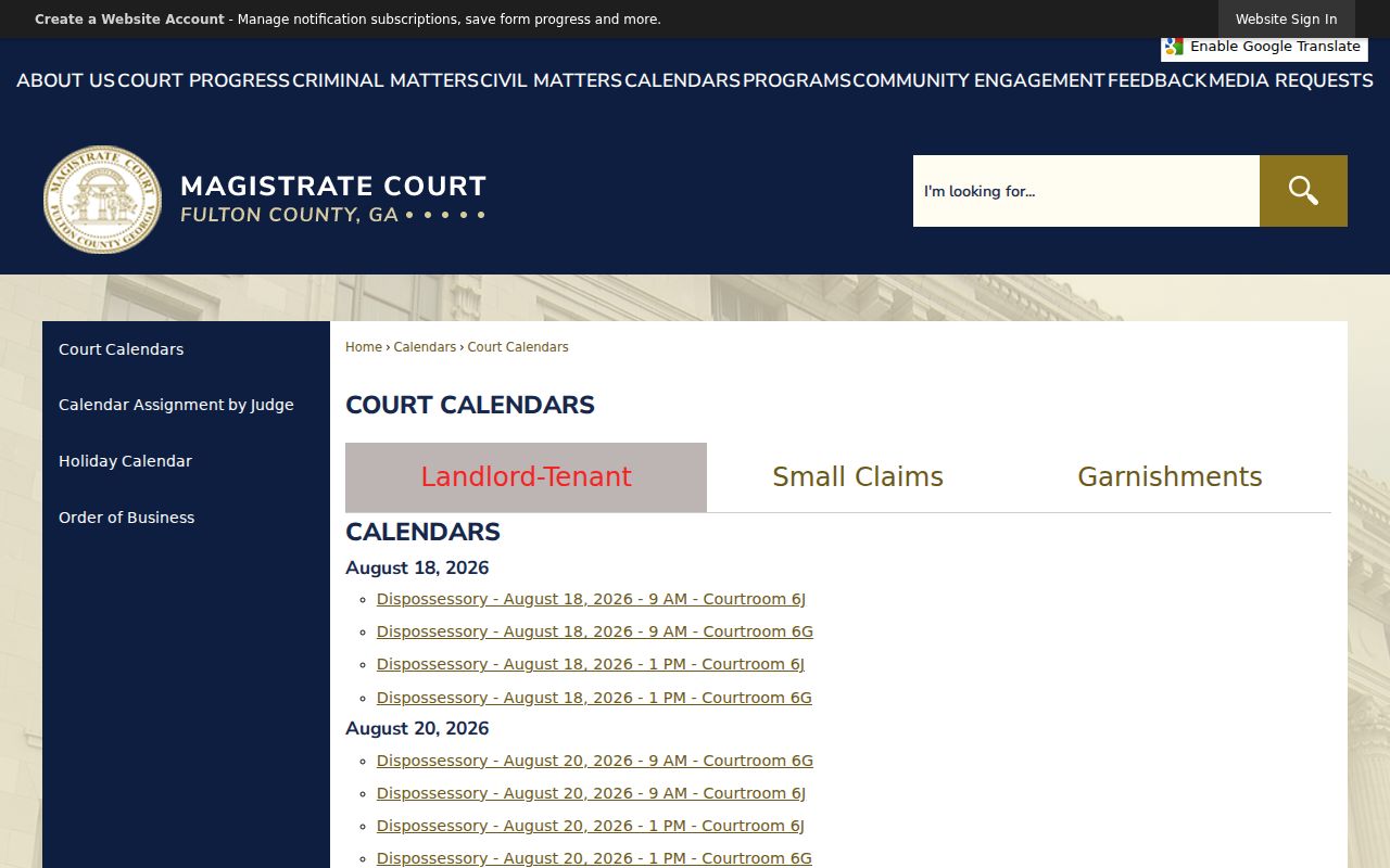 Fulton County court calendar categories and hearing settings
