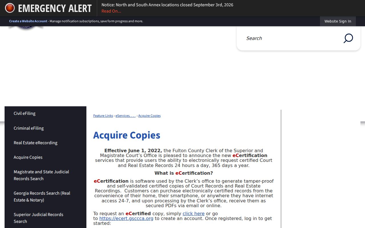 Fulton County court records eCertification request workflow