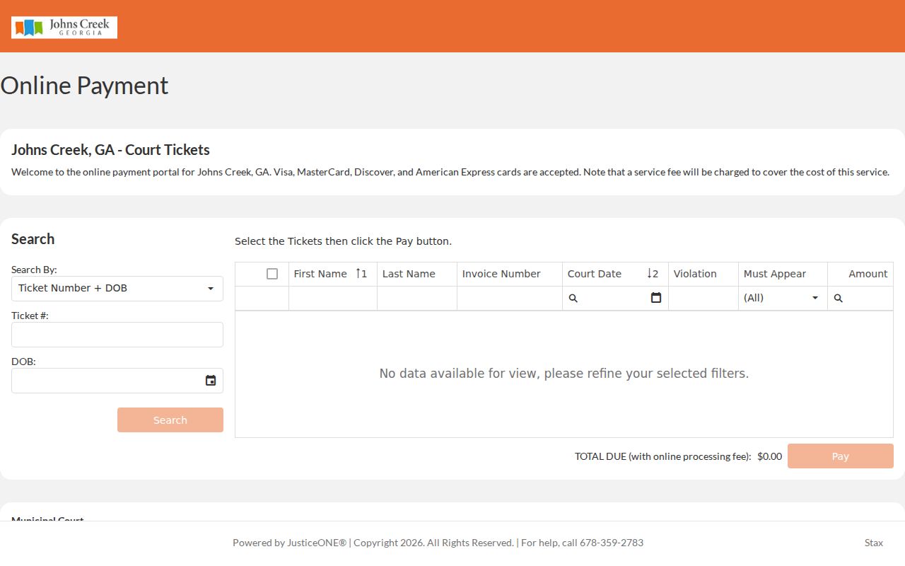 Johns Creek court docket JusticeONE citation search portal