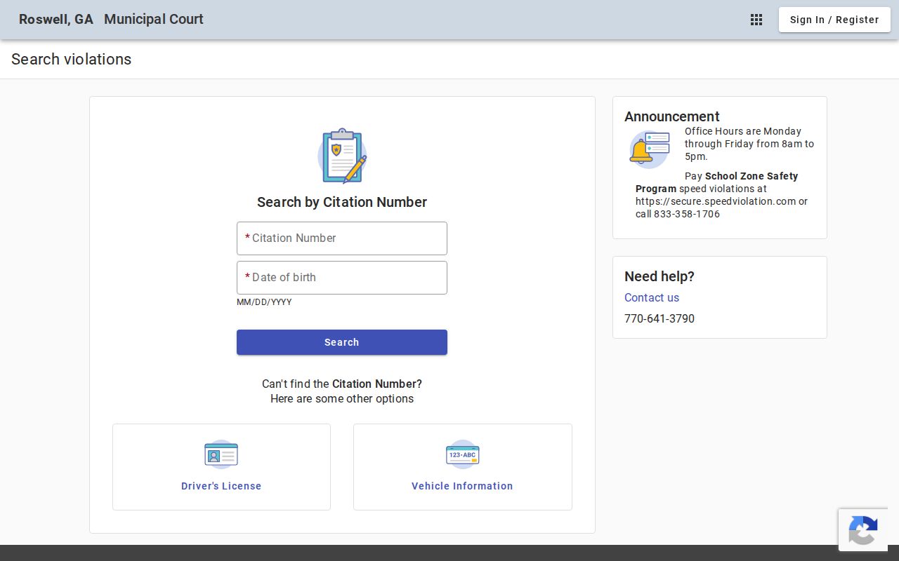 Roswell court docket citation license vehicle name and business search