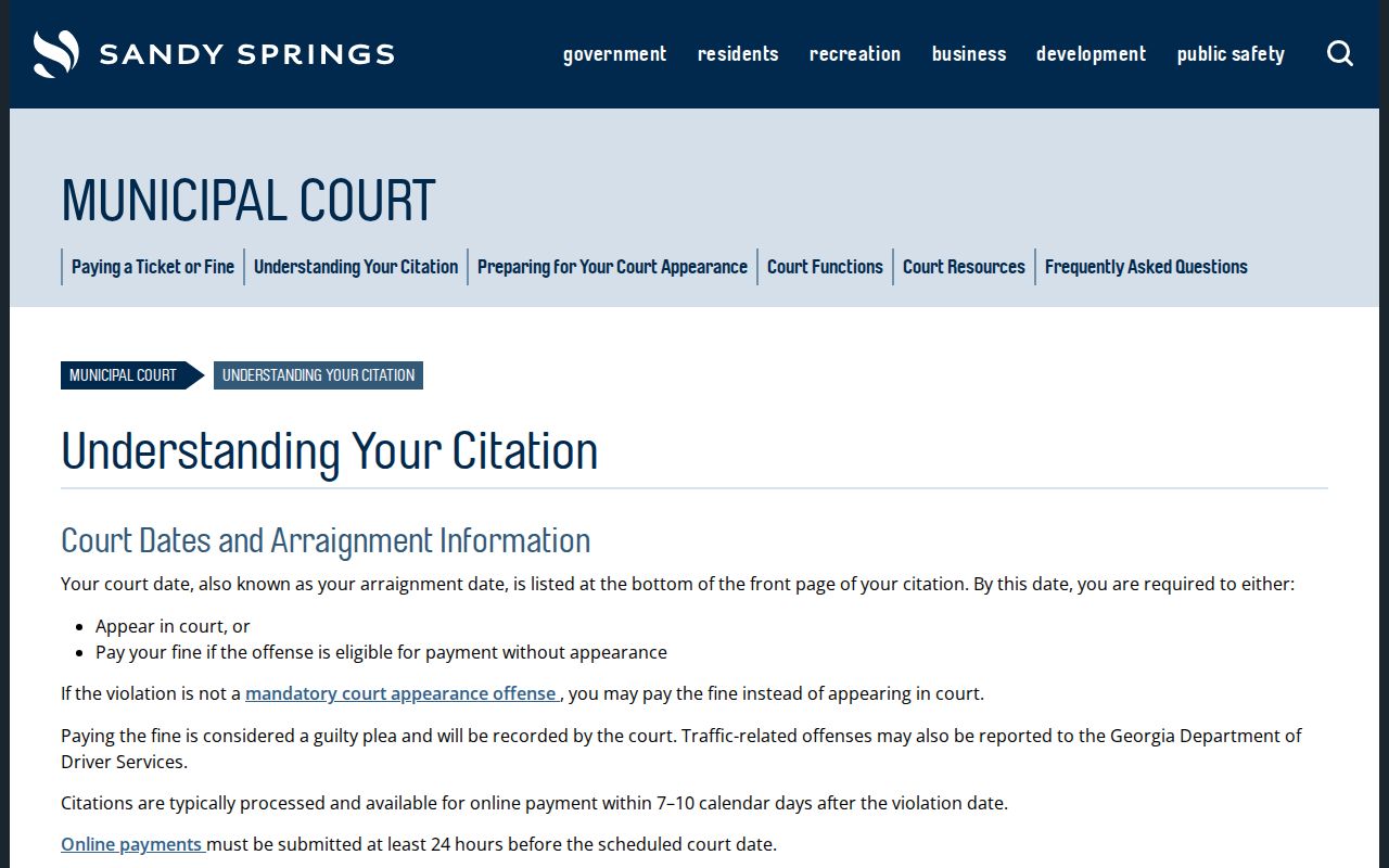 Sandy Springs court docket citation date and payment instructions