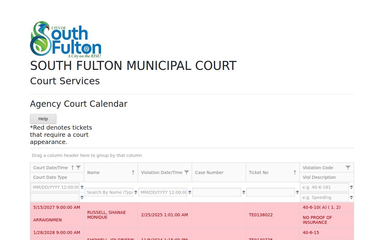 South Fulton court docket CourtWare calendar fields and must-appear marker
