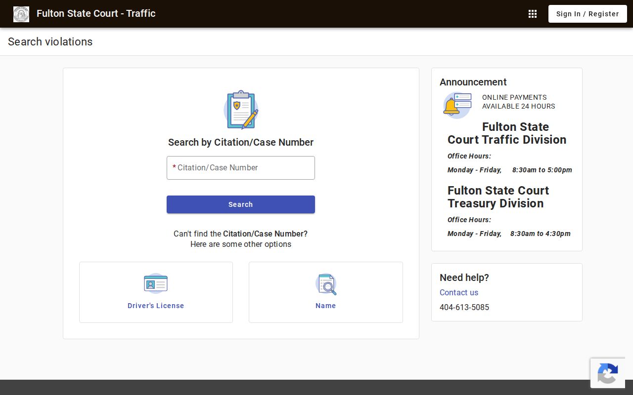 Fulton County traffic court citation search and payment interface